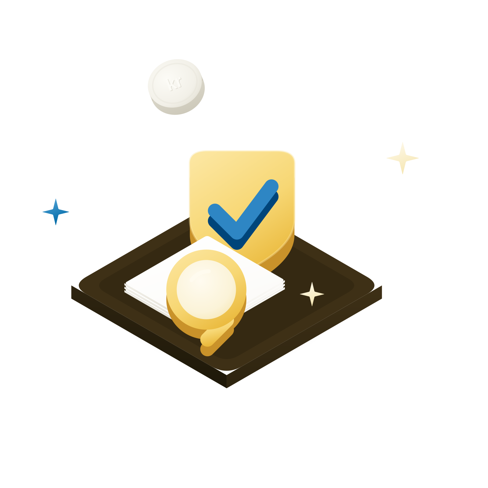 Isometric 3D illustration: a gold shield with a blue check and a magnifying glass over a document